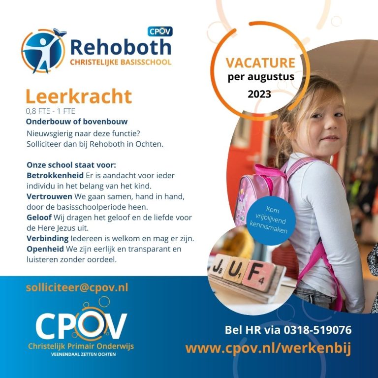 Leerkracht onderbouw of bovenbouw Rehoboth gezocht. Vacature
